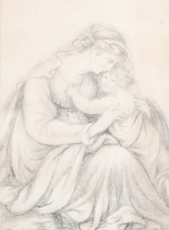 19th century School, Study of a mother and child, pencil study, 14 x 10cm